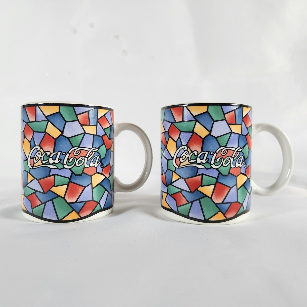 Set 2 Vintage 1996 Coca-Cola Gibson Housewares Stained Glass Mosaic Coffee Mugs